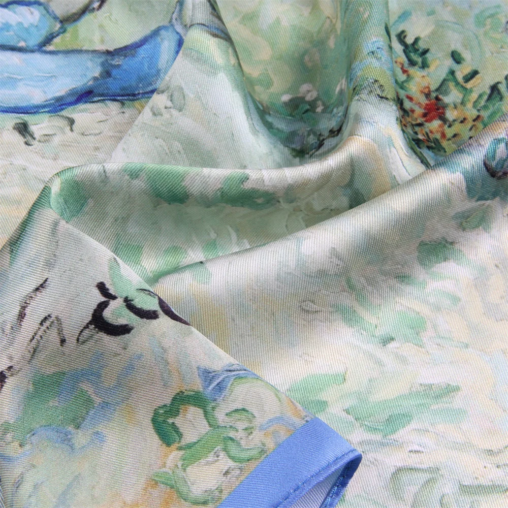 ผ้าพันคอไหมทวิลล์ ผ้าพันคอแฟชั่นสำหรับผู้หญิง ลายเพ้นท์ ผ้าพันคอสี่เหลี่ยม ผ้าคลุมศีรษะ ผ้าพันคอฮิญาบขนาดเล็ก ผ้าไหมฟูลาร์ด ผ้าคาดผม ผ้าพันคอคล้องคอ 53 ซม.