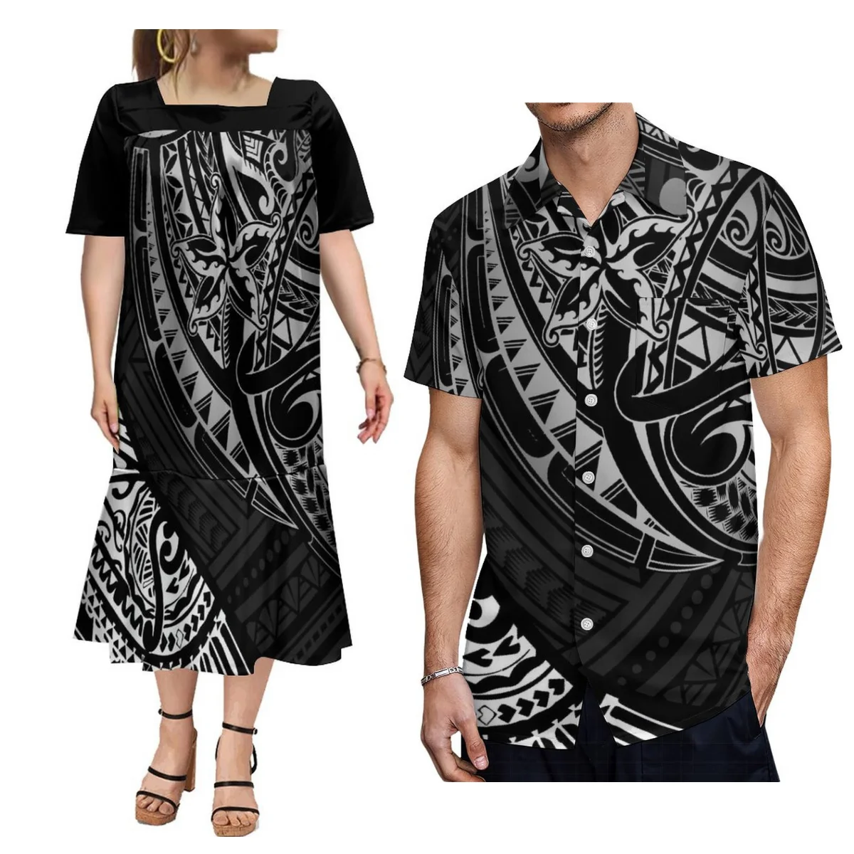 Couples Set Mumu Women'S Casual Dress Micronesia Dress Fishtail Dress Customized With Men'S Button-Down Shirt