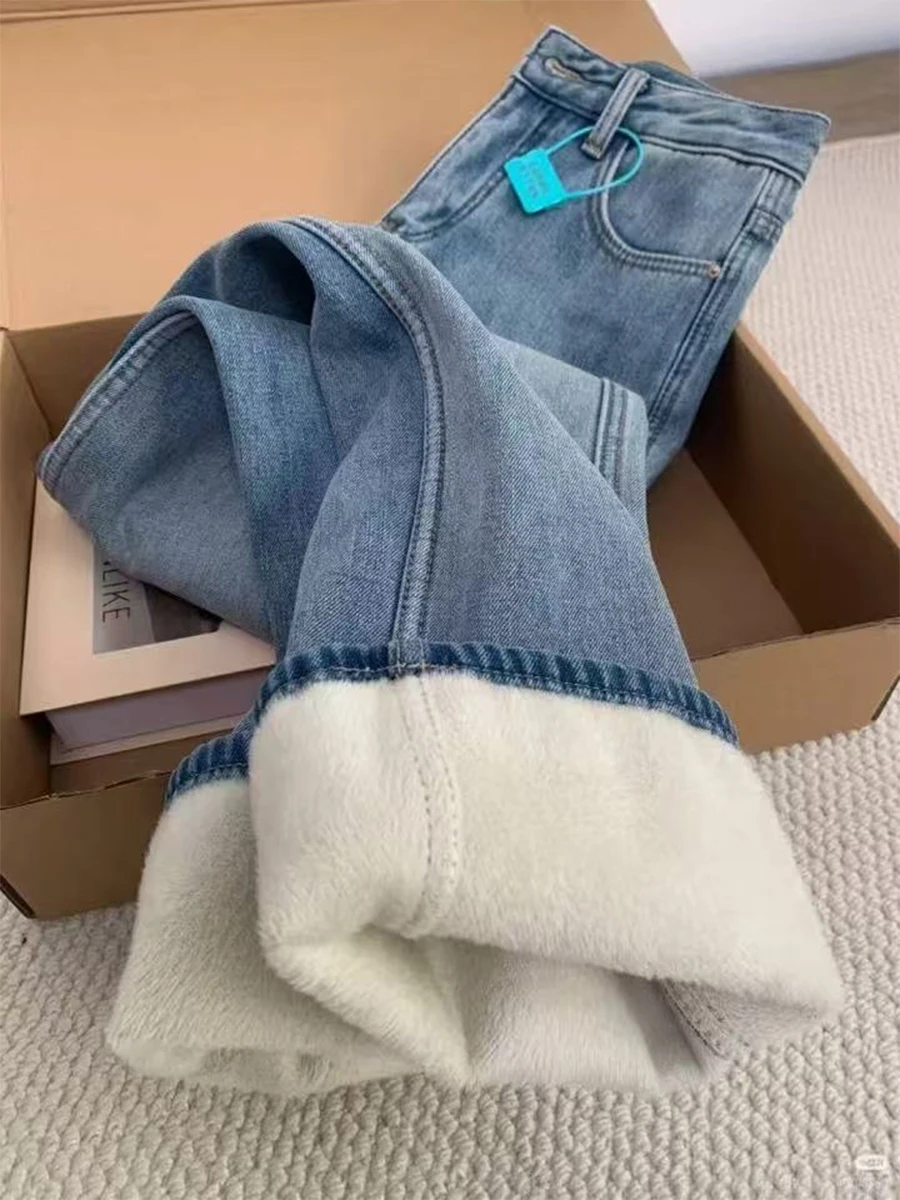 

Бархатные джинсы в стиле ретро для женщин, осень-зима, новые прямые джинсовые брюки с высокой талией, модные синие утолщенные широкие брюки