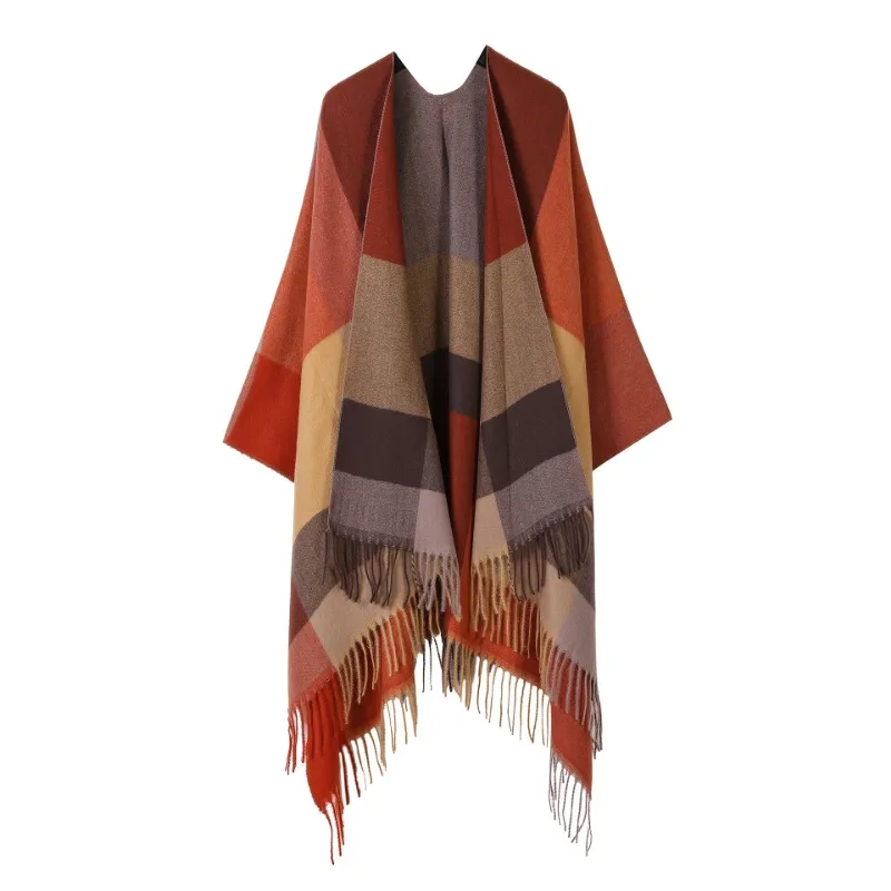 Gradient Colors Shawl Capes Printed Plaid Cardigan Loose Poncho Blanket Women Faux Cashmere Cloak Big Pendulum Out Streetwear