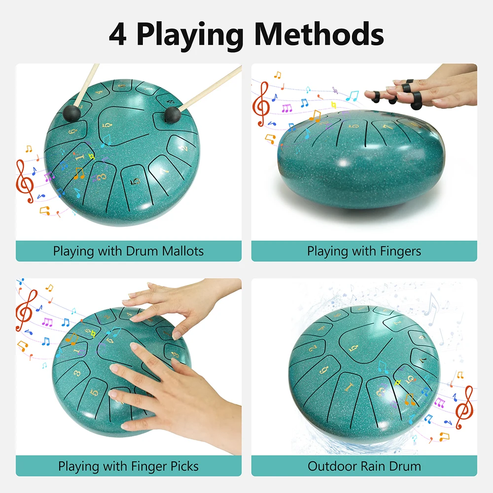 Professionelles Zungentrommel-Musik-Set aus Stahl für Erwachsene und Kinder, 25,4 cm große Handschlaginstrumente, Regentrommel mit 13 Noten für Yoga – Detail 2