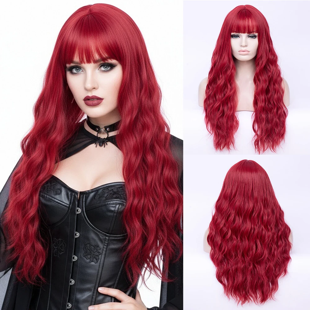 

Синтетический длинный вьющийся красный парик с волнистой волной и челкой для женщин, косплей, Лолита, Хэллоуин, вечерние накладные волосы, термостойкие