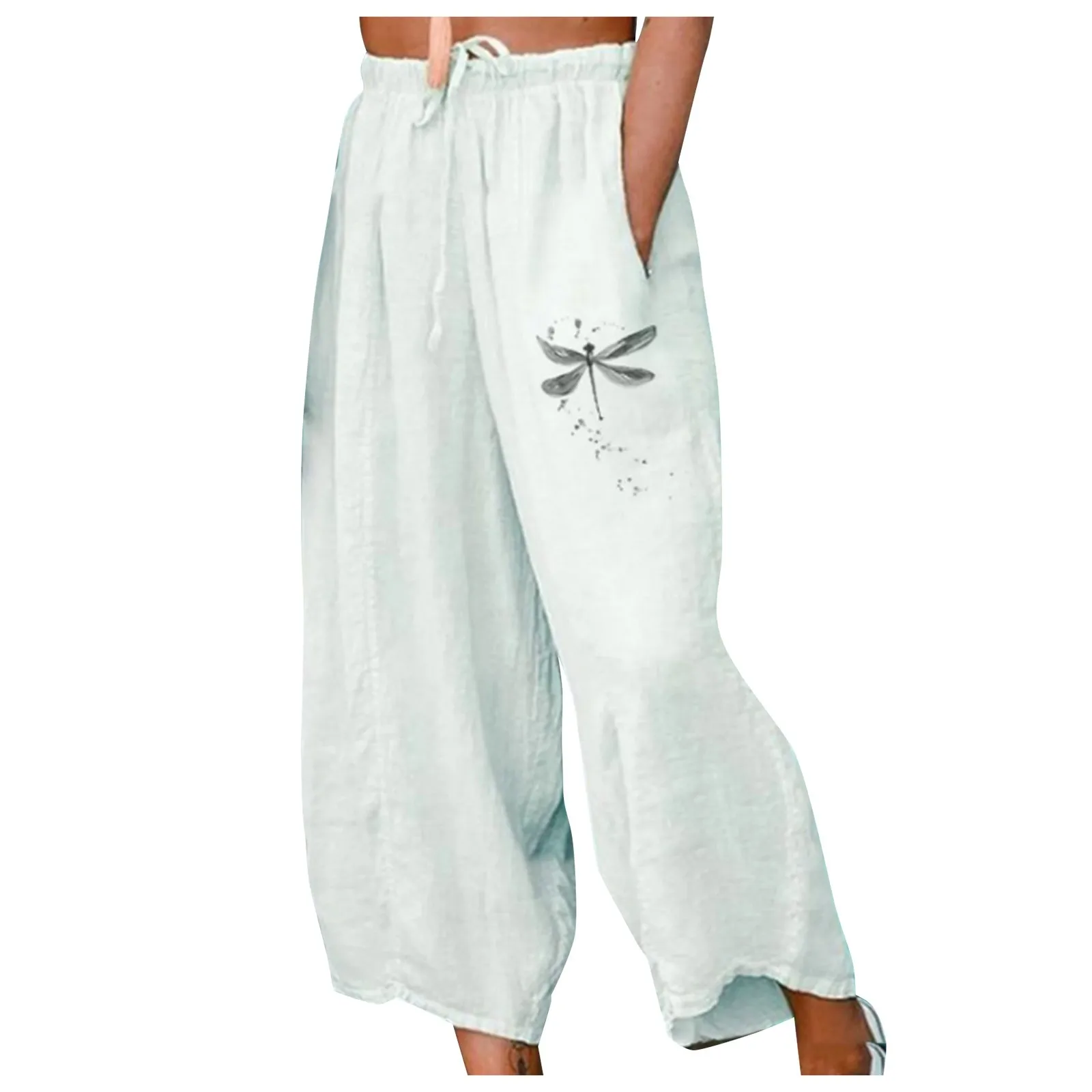 

Women's Fashion Solid Color Printed Cotton And Linen Lightweight Breathable High Waist Drawstring Casual Nine-point Pants