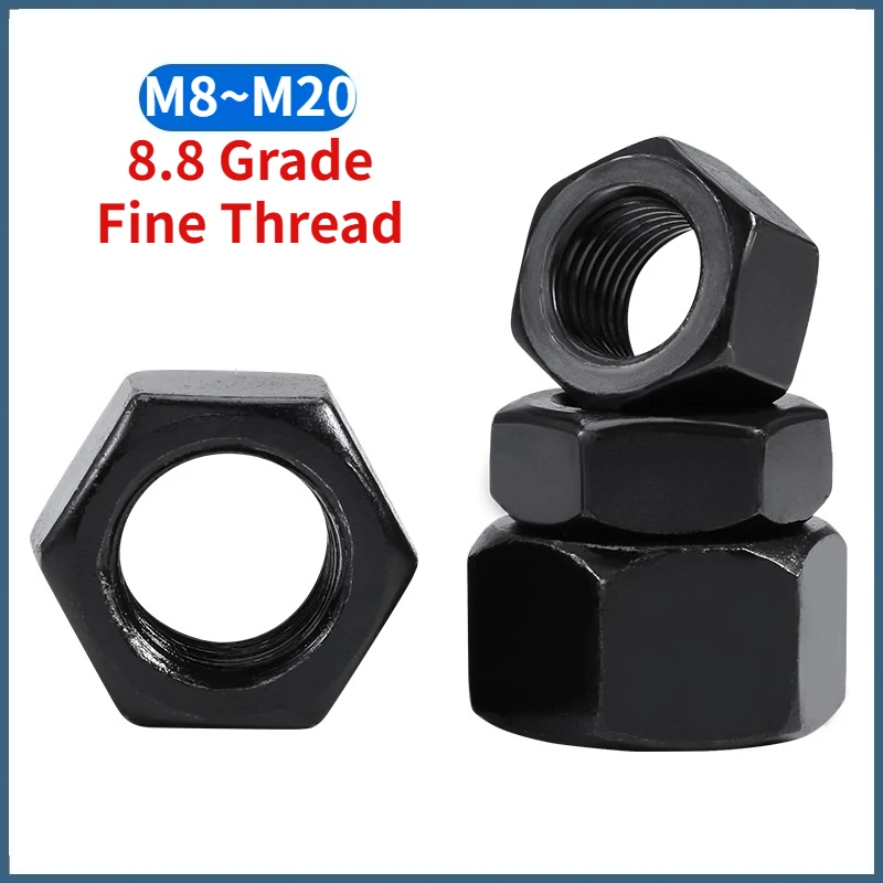 M8 M10 M12 - M20 Black 8.8 Grade Carbon Steel Fine Thread Hexagon Full Nut / Flat Hex Wafer Low Thin Jam Nut Pitch 1/1.25/1.5mm