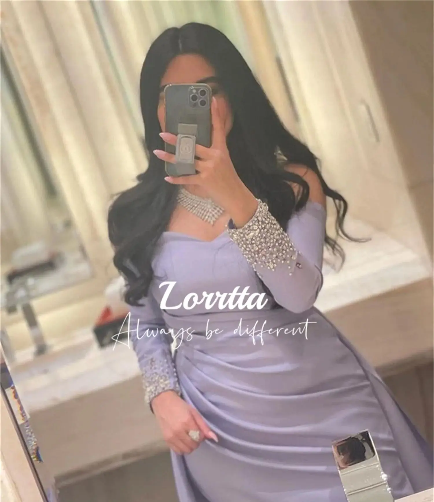 Lorrtta vestido de noche elegante púrpura elegante, manga larga, sirena, cuentas, satén, Dubai, ocasión Formal, longitud hasta el suelo,