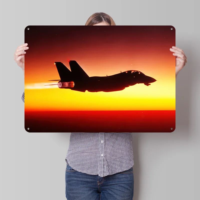 F-14 Tomcat Sunset Flight 3D Texture Metal Poster Customized Wall Art Tin Sign Gift for Mancave Decor Living Room Wand Deko Home