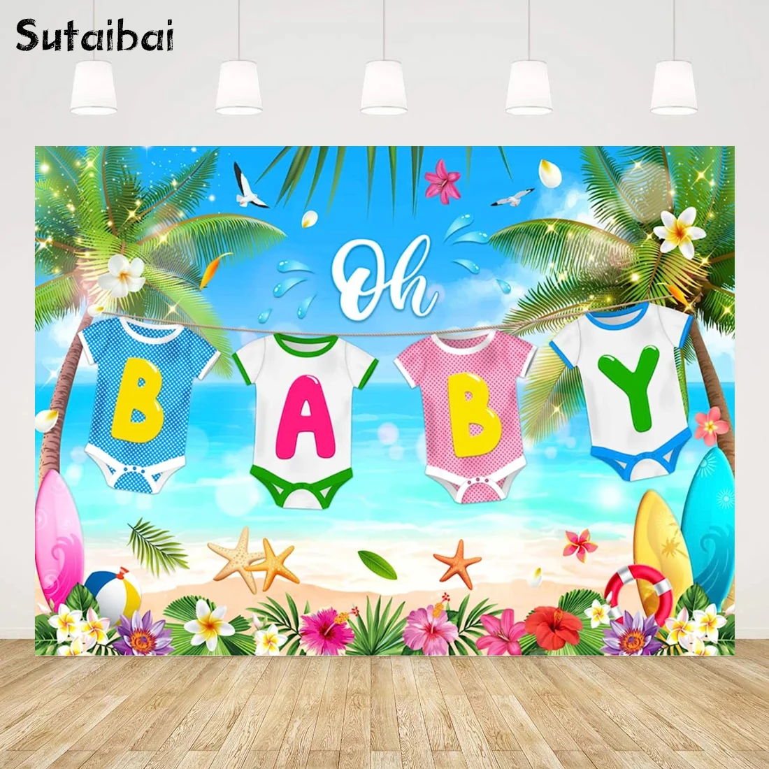 

Beach Baby Shower Backdrop Summer Tropical Sea Hawaii Flower Palm Tree Surfboard Background Kids Birthday Party Supplies Banner