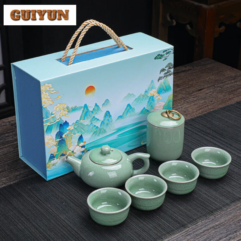 

Gift Set Kung Fu Tea Set Cup Simple Ceramic Ge Kiln Household New Tool Travel Portable Luxury Chinese Porcelain Sets Full Pot Up