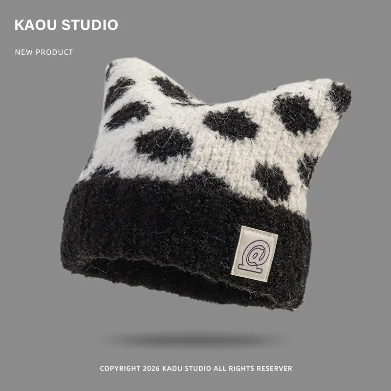 Koreanische Polka-Dot-Katzenohren-Strickmütze für Damen, süße, warme Mütze für Herbst und Winter. – Detail 5