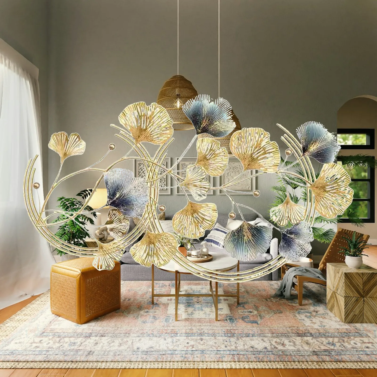 Modern Wall Hanging Leaf Decor Iron Metal Statue for Dining Room Hotel Housewarming Ornament