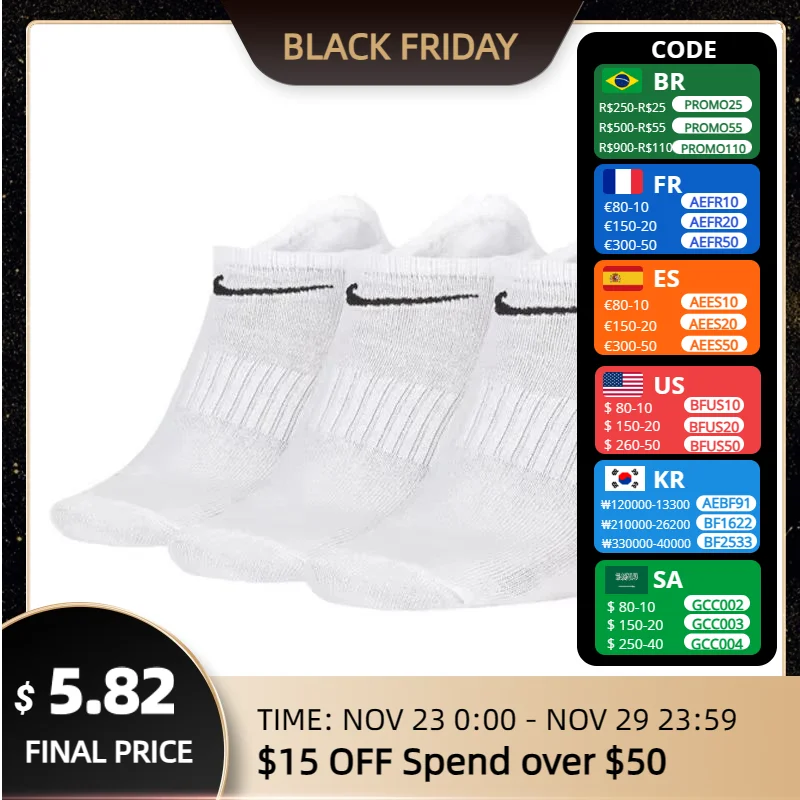 Original Nike Lightweight Unisex Sports Socks Men's and Women's 3 Pairs Casual Breathable Tube White Short Socks SX7678-100