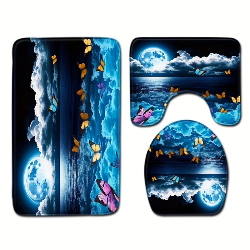 1/3pcs Moonlight Sea Butterfly Pattern Floor Mat Set, Toilet Cover Rug, Bathroom Rug, Toilet Water Absorbent Door Mat, Non-slip