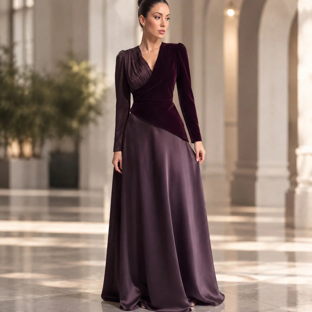 Long Sleeve V Neck Dress a Line Elegant Style with High Waist Fitted Maxi Length Slim Fit Fitted Waist Pleated Dress for Women