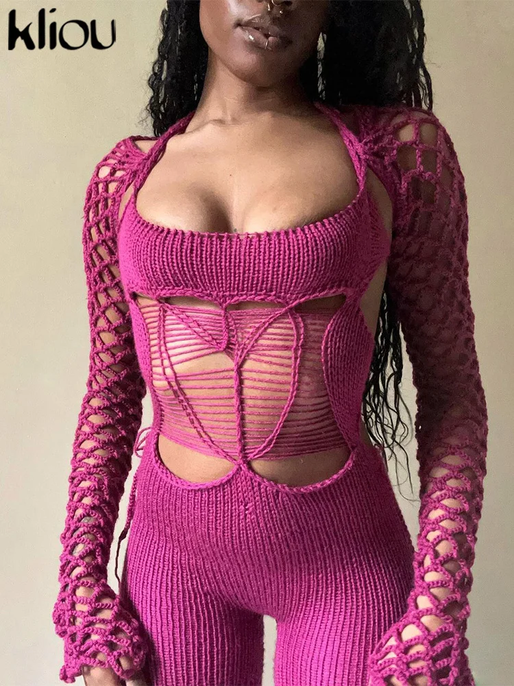 kliou Knitted Solid Hollow Jumpsuits Women Sexy Halter Bandage Separately Sleeve Slim Fit Stunning Overalls Female Coquette Wear