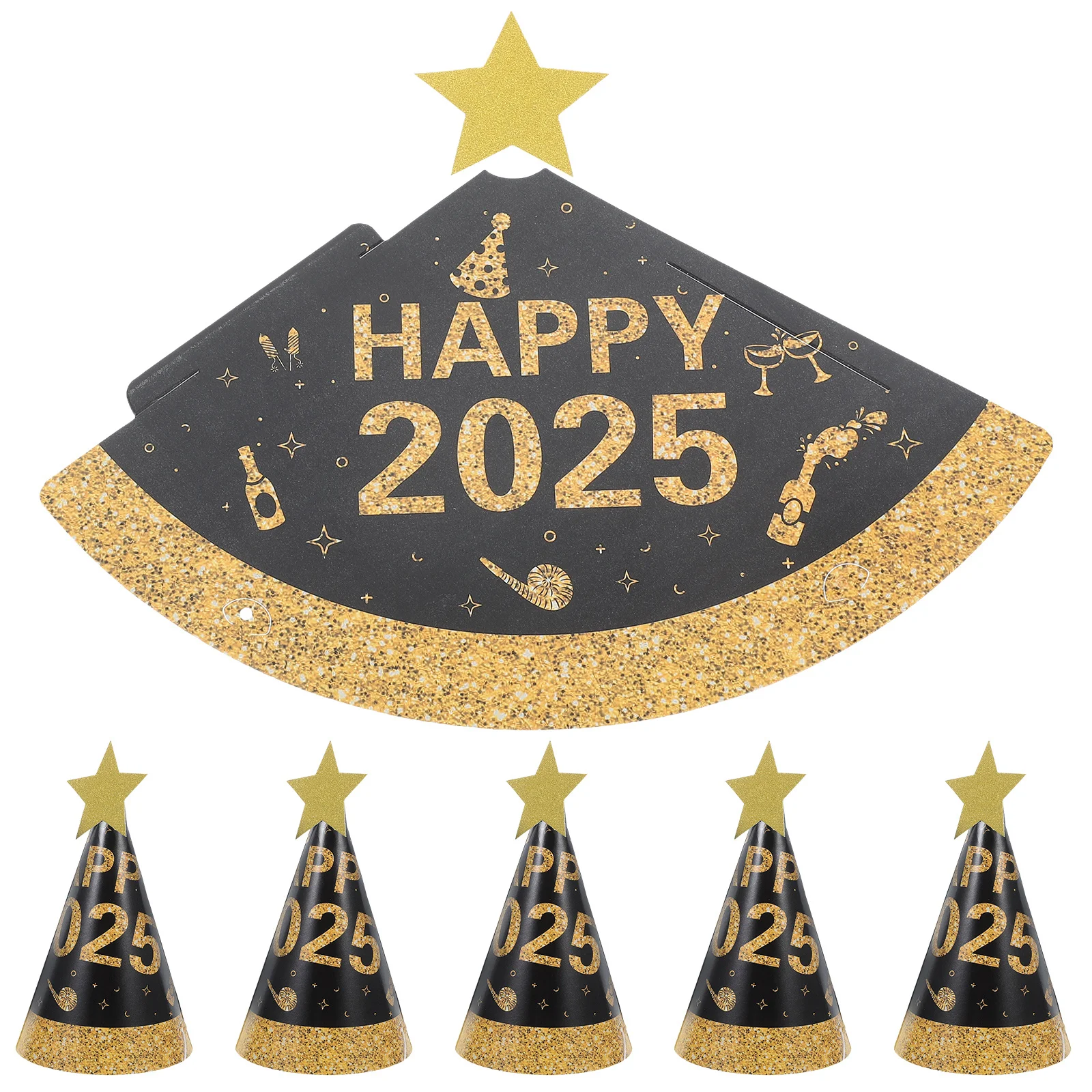 

6Pcs Black Gold Paper New Years Eve Cone Hats Party Supplies Happy New Year Hats Adults Festive Party Accessories