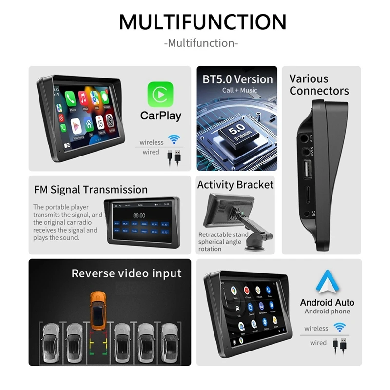 Wireless Carplay & Android Auto Car Stereo, Portable 7 Inch Touch Screen Navigation Audio Car Radio Receiver, Bluetooth Durable