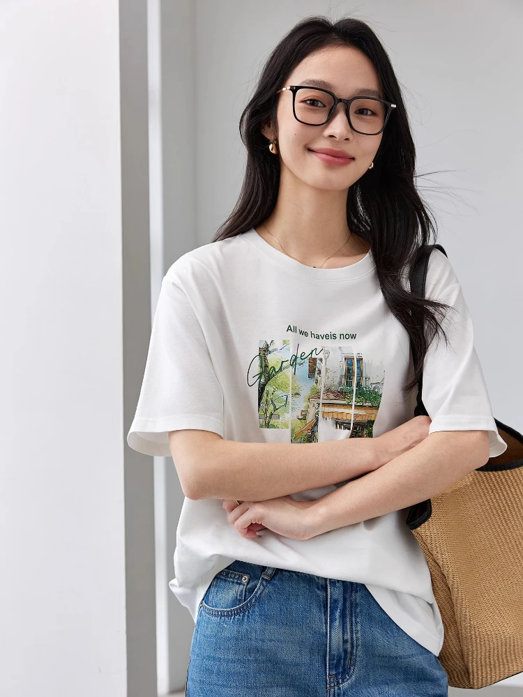 VIMLY Wit T-shirt Dames Zomer 2025, Casual 100% Katoen Gedrukt Natuurlijk Landschap Ronde Hals Vrouw Korte Mouw Tops M9828