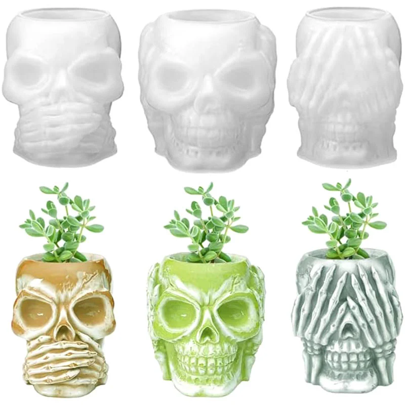 3D Skull Penholder Silicone Mold DIY Halloween Decorative Flowerpot Jewelry Storage Box Mould Soap Plaster Casting Holiday Gifts