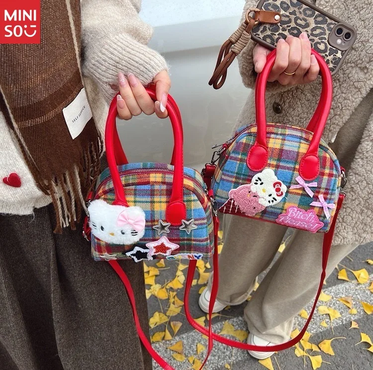 Miniso Korean Style Ins Plaid Hello Kitty Handbag, Cute Bow & Star Crossbody Shoulder Bag