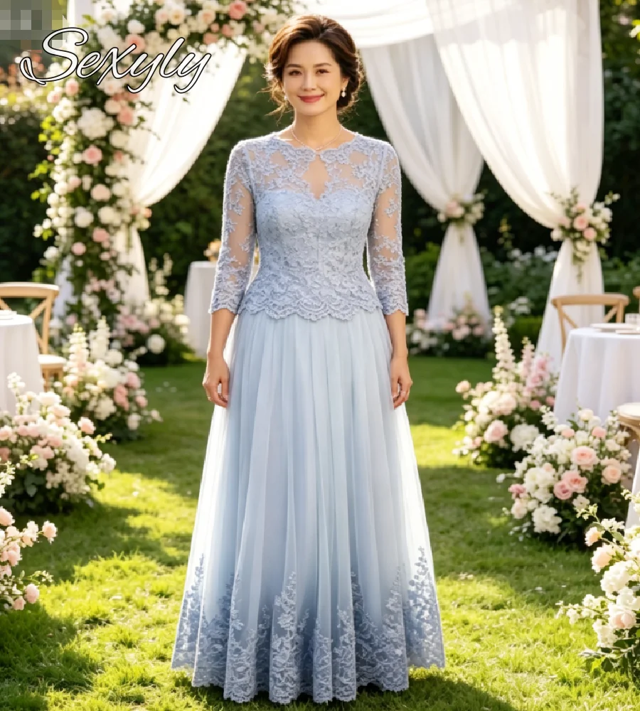 Light Blue Lace Mother of the Bride Dress 3/4 Sleeve Elegant Formal Occasion 50s Evening Dresses Lace Wedding Guest Party Gown