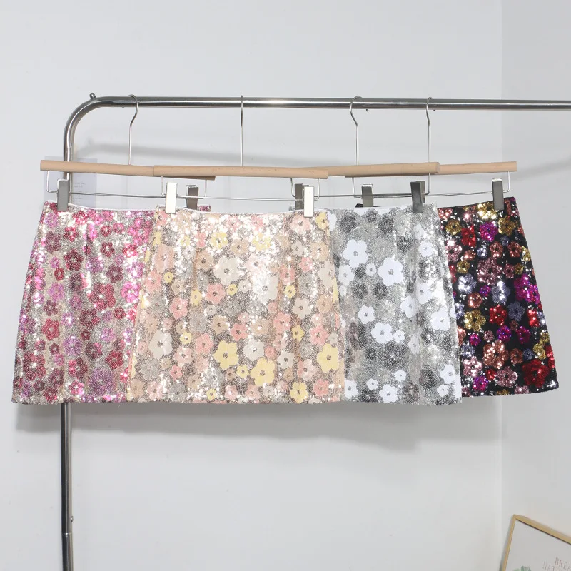 Anti Exposure Lined Short Skirt For Women Heavy Beaded Sequin Floral A Line Mini Skirt High Waist Slim Bodycon Hip Skirt8158