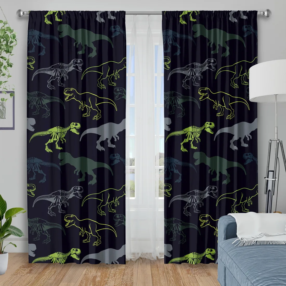 2pcs Dinosaur Skeleton Print Curtains Prehistoric Theme Polyester Window Drapes for Kids Room Boys Bedroom Modern Cool HomeDecor