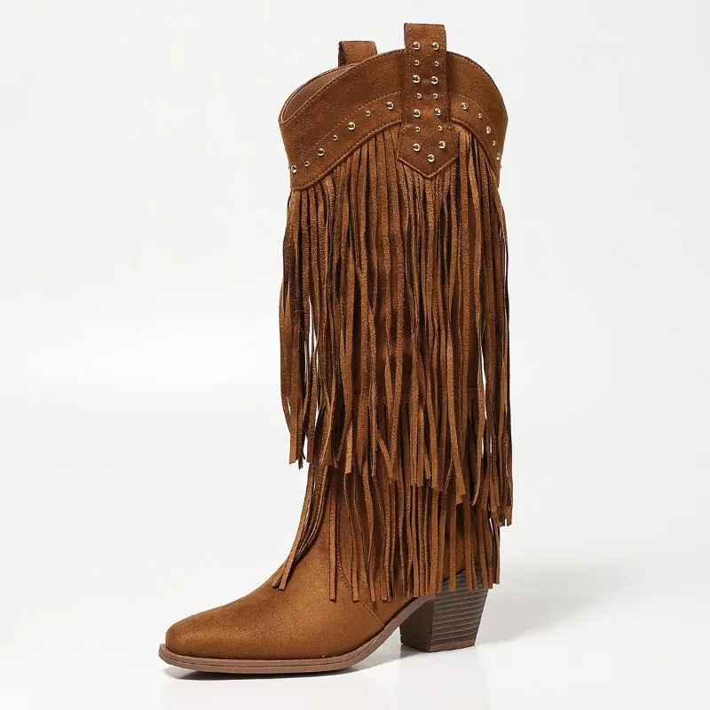 Women's Boots Fashion V Mouth Designer Knee-high Boot Retro Rivets Fringed Western Cowboy Boots Pointed Thick Heel Knight Boots