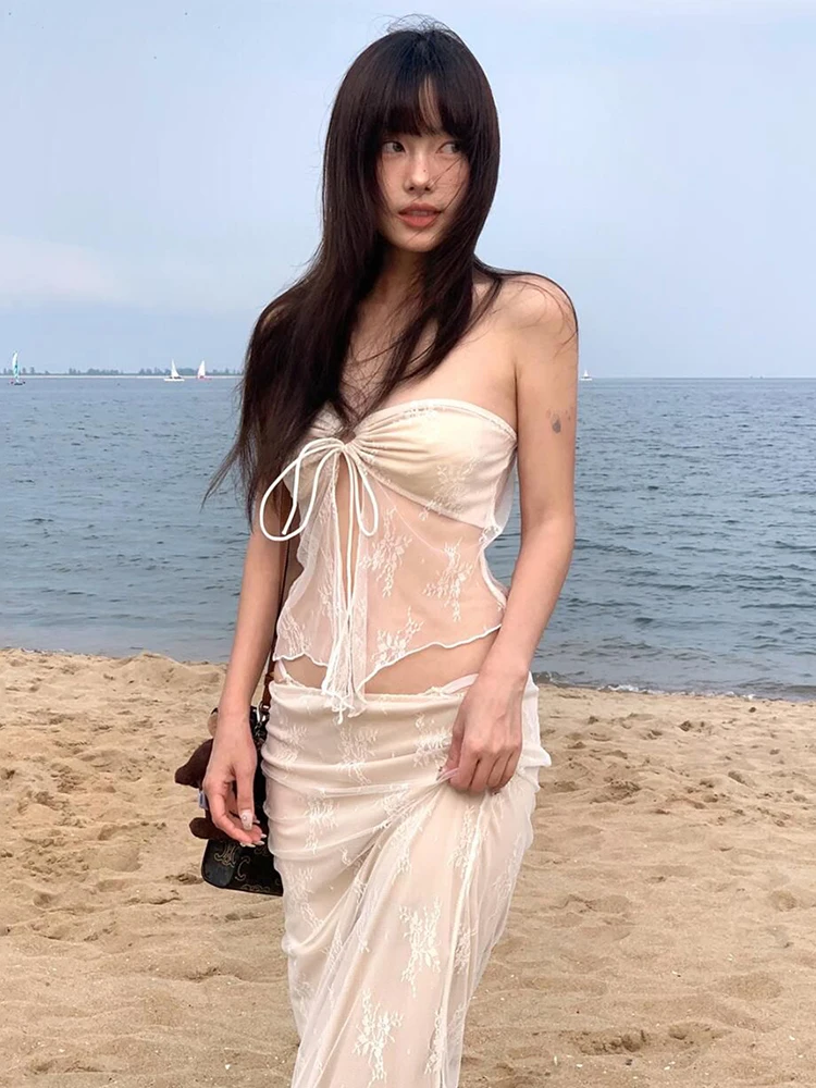 

WEIRD PUSS Летний комплект 2025: женский сетчатый прозрачный топ-бюстье и юбка, повседневный пляжный стиль