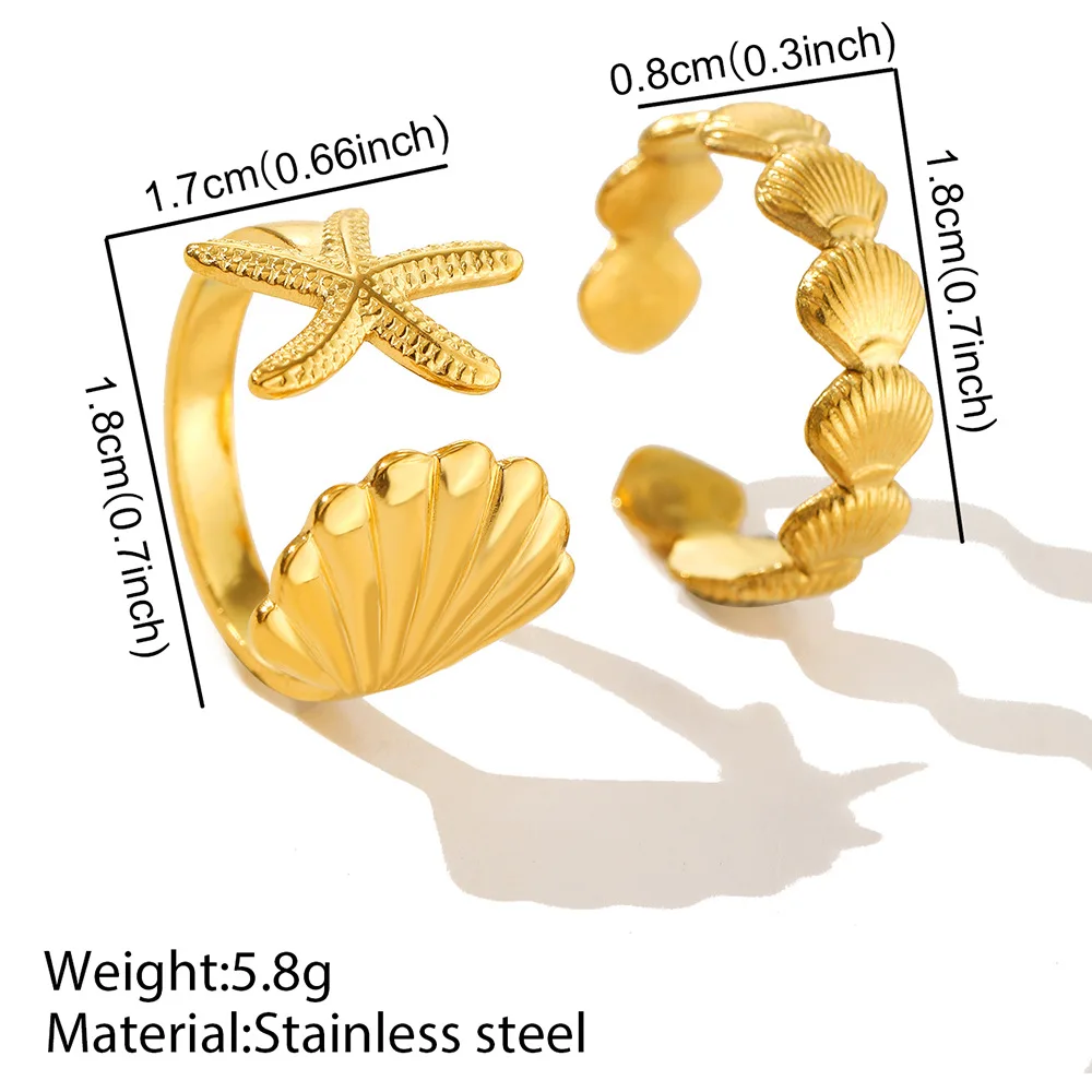 1 قطعة/الوحدة الفولاذ المقاوم للصدأ نجم البحر شل خواتم مقاوم للماء قابل للتعديل حلقة مفتوحة للنساء الصيف شاطئ البحر Colorfast مجوهرات هدايا