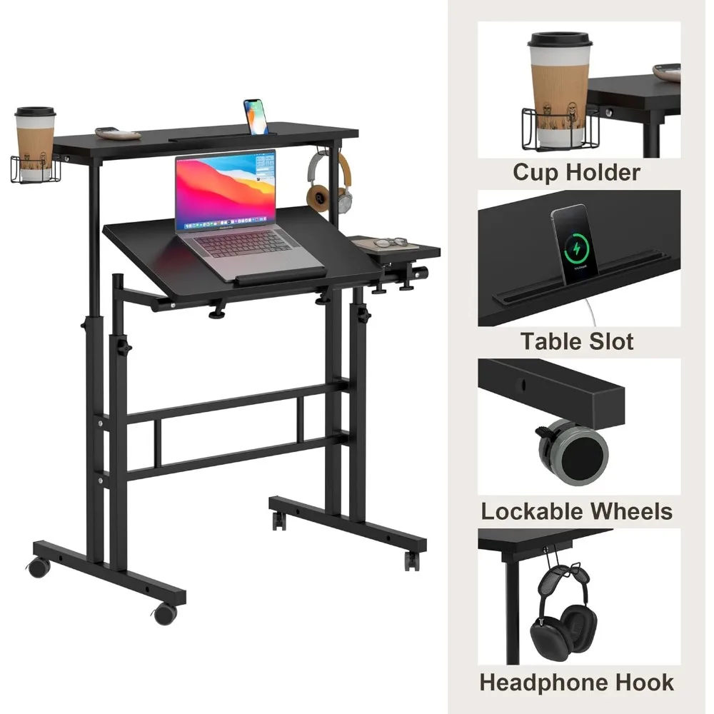 Rolling Mobile Desk with Cup Holder,Mobile Rolling Standing Desk, Adjustable Height Small Stand up Desk on Wheels