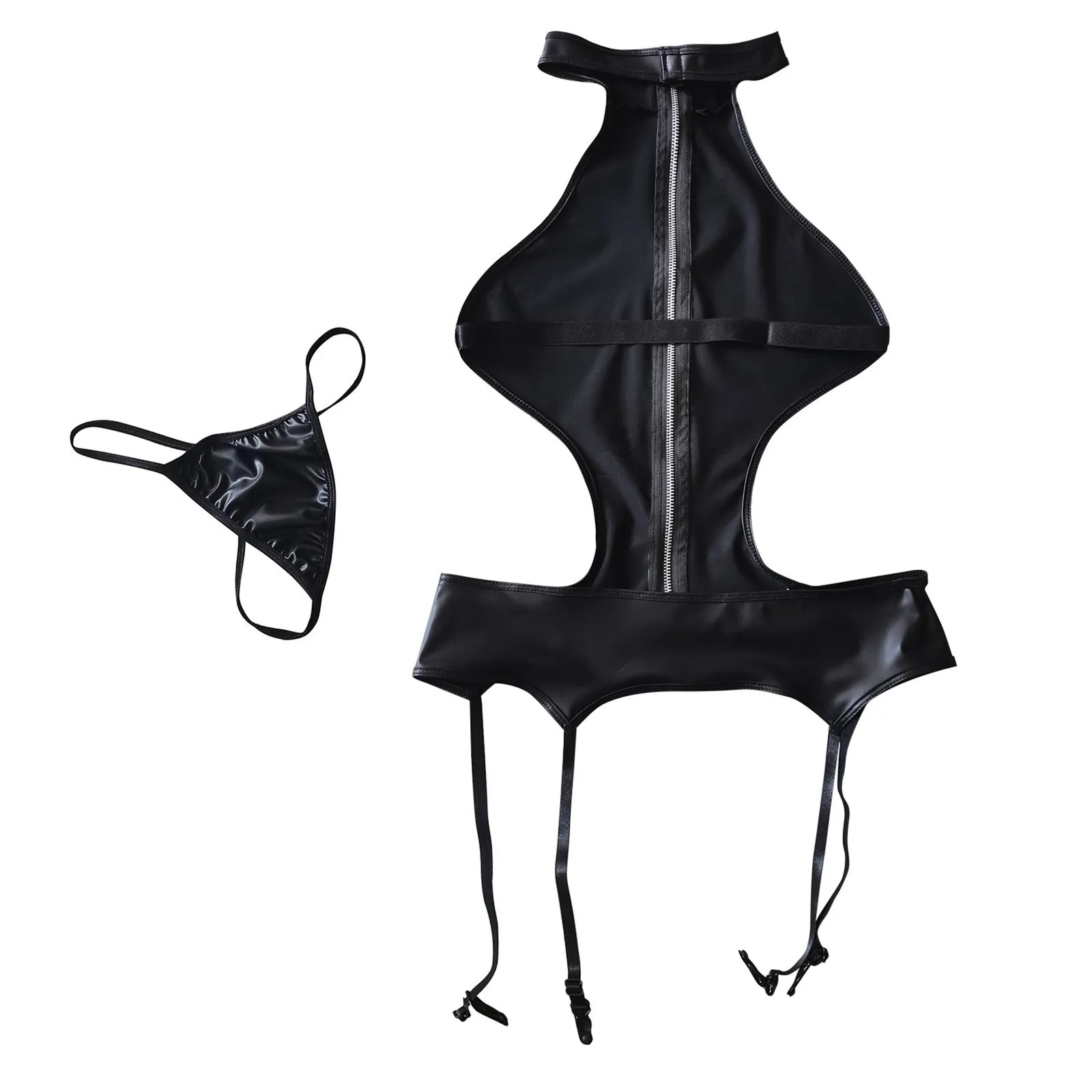 Sexy Frauen Wet Look Reißverschluss vorne Clubwear PU-Lederkleid Dessous Slips Rock Cosplay Uniform offener BH Fantasy Nachtclub Kleider