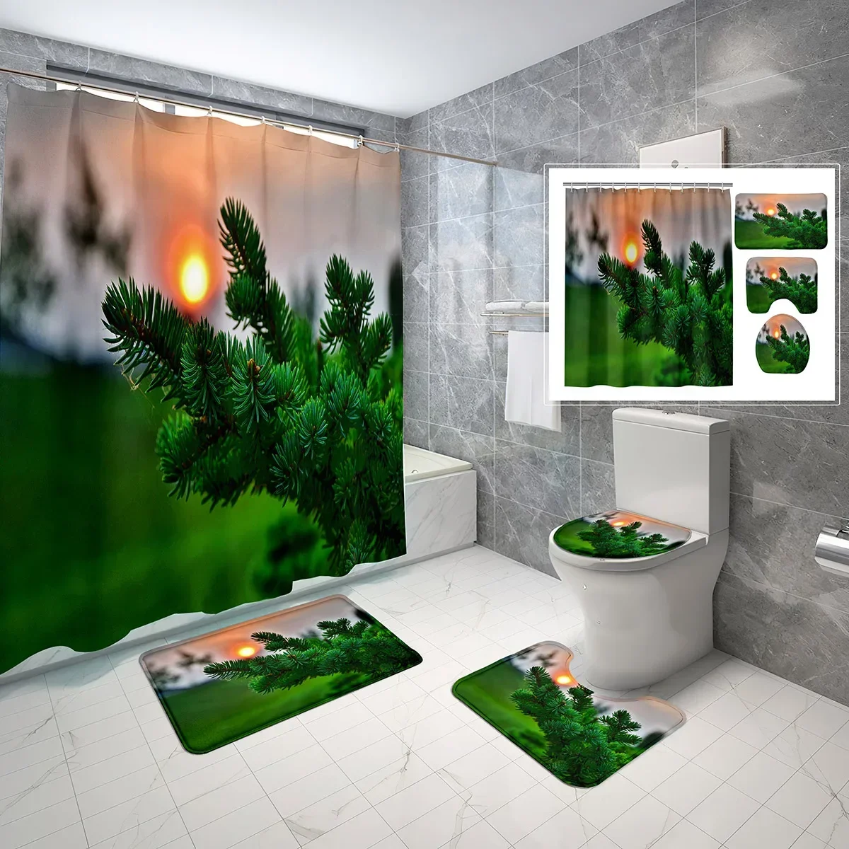 

4-х шт. Наборы занавесок для душа на сосновую тематику с крышкой для унитаза и нескользящим ковриком для ванной, водонепроницаемый набор занавесок для душа Green Conifer