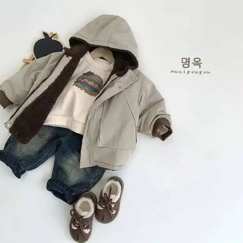 الخريف الشتاء الأطفال بلوزات 1-8Y الصبي الدافئة الصوف طباعة الكرتون البلوز القمم رياضية الكورية ملابس طفل صغير الاطفال الملابس