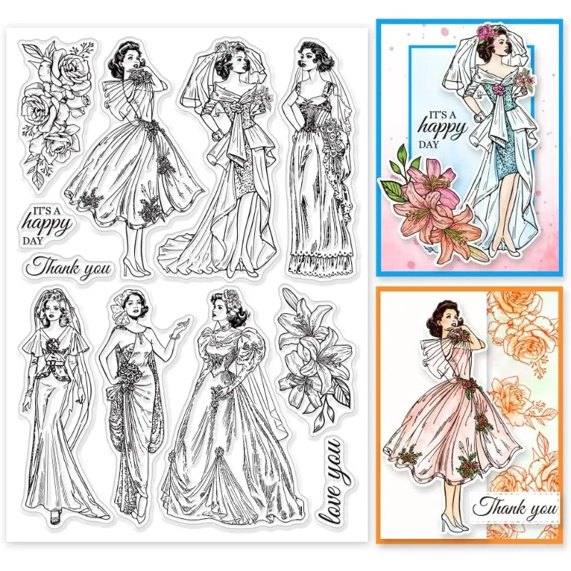 1 arkusz Vintage Bride Lady wyczyść znaczki do tworzenia kartek sukienka retro kobieta wyczyść pieczęć pieczęci 5.83x8.27 cala przezroczyste znaczki