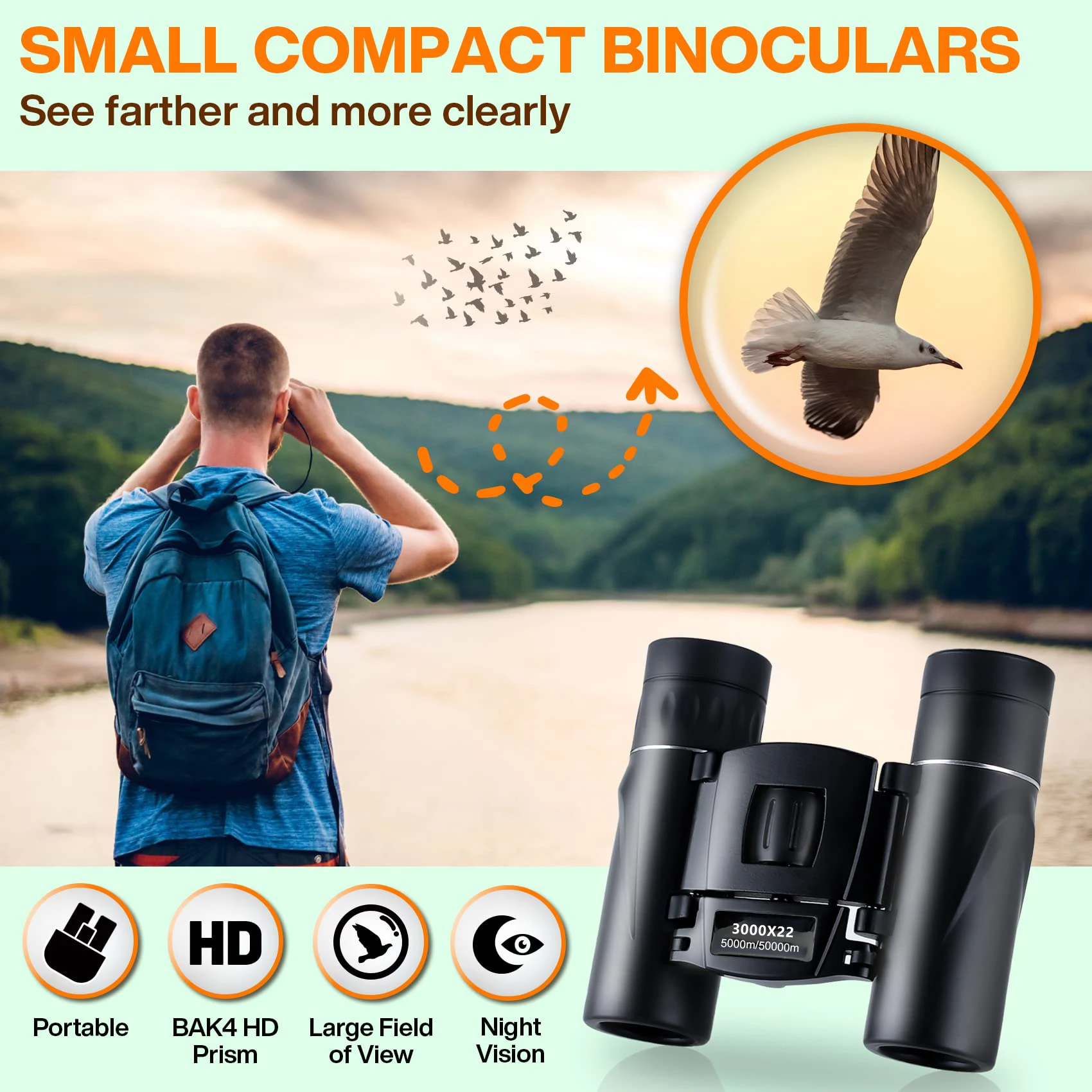 3000x22 Binoculars 50000M Long Range BAK4 FMC Optics Powerful Folding Mini Telescope for Hunting Sports Outdoor Camping Travel