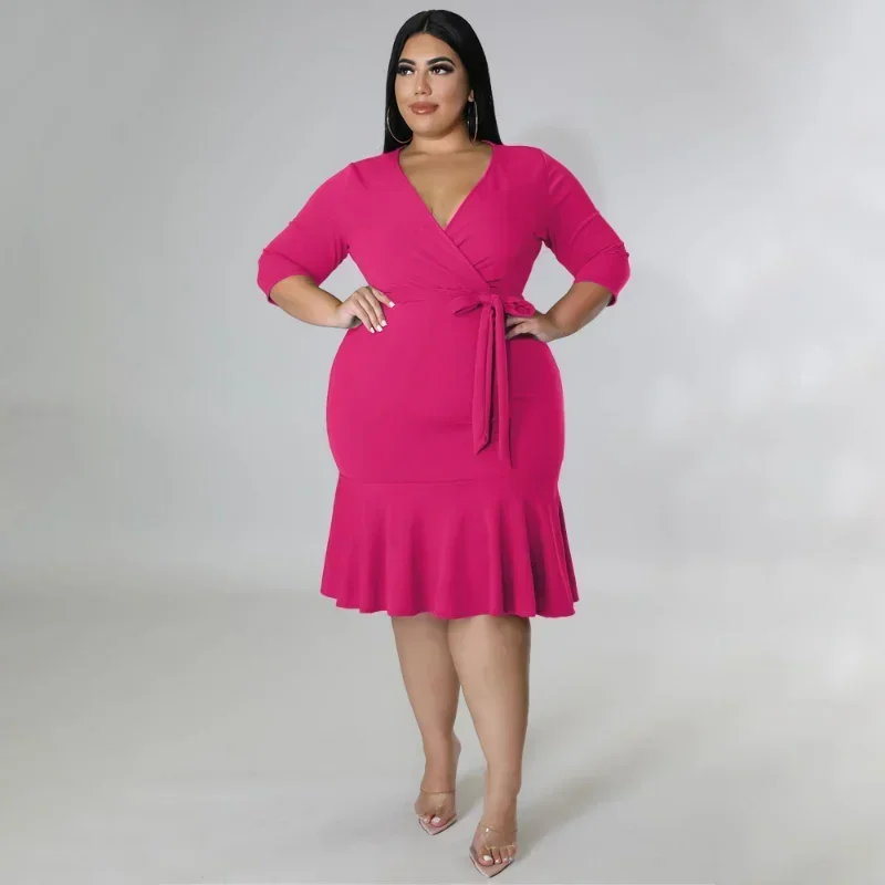 

GUWU 2024 Spring Plus Size Long Sleeve Ruffles Hem Midi Bodycon Dress for Women Sexy Club Party Night V-neck Dresses
