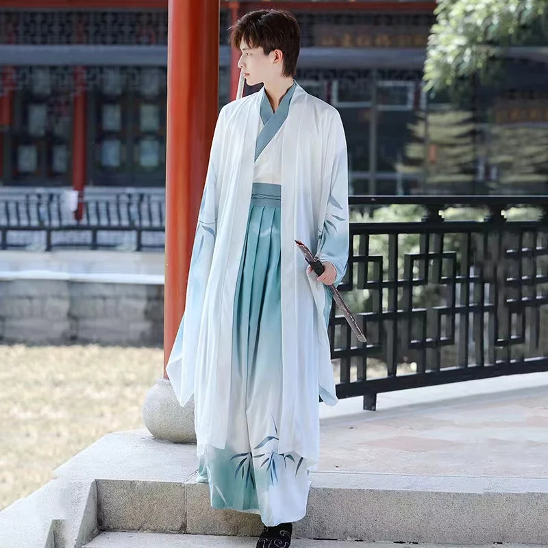 Costume de Cosplay Hanfu Chinois pour Homme, Chemise Bleue, Jupe, Veste, Ensemble de 3 Pièces Vintage, Grande Taille 2XL, Halloween