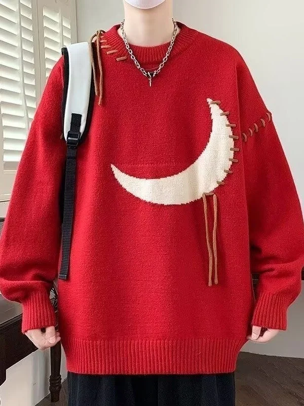 

Вязаный свитер Laid-ba для мальчиков с узором в виде луны, повседневный, свободного кроя, с длинными рукавами, круглым вырезом, теплый, весна-осень