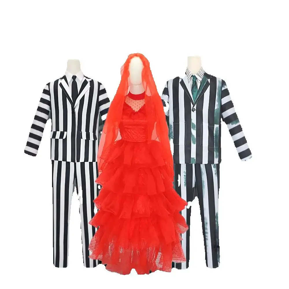 Disfraz de Beetle y Lydia Deetz: Chaqueta a Rayas Blancas y Negras y Vestido de Novia para Fiesta de Halloween con Temática de Películas de Terror