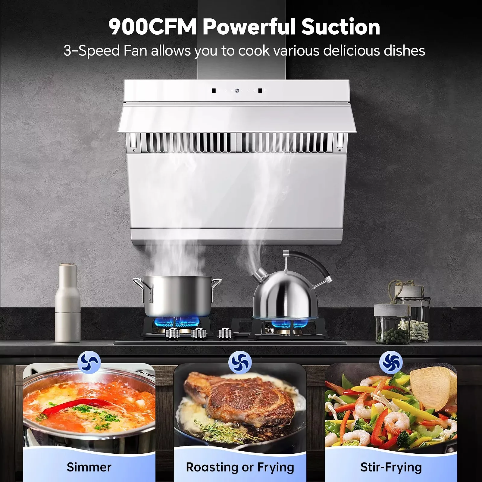 Tieasy 30 inch Electric Clean 900CFM Stainless 3-Speed Exhaust with Filter Silver Wall Mount Range Hood