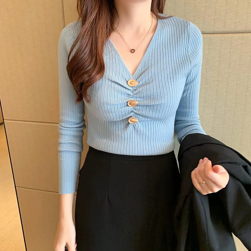 Women Clothing Fashion Elegant V-neck Pullover Autumn Winter Simplicity Cozy Commute Sweater Lady Solid Casual Soft Comfort Top