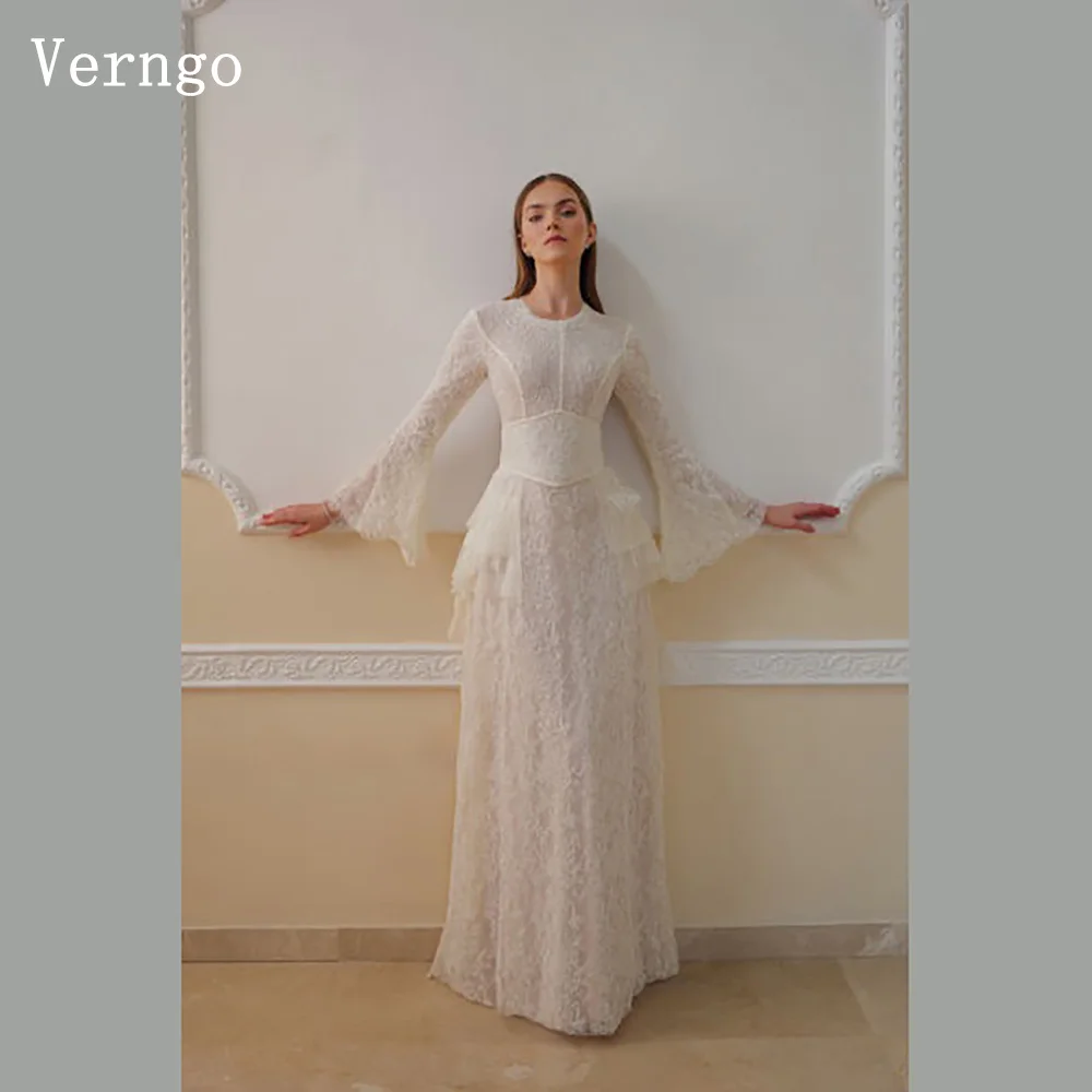 

Verngo Элегантное кружевное вечернее платье с круглым вырезом и длинными рукавами, трапециевидное платье для торжественных случаев, женские скромные платья для выпускного вечера по индивидуальному заказу