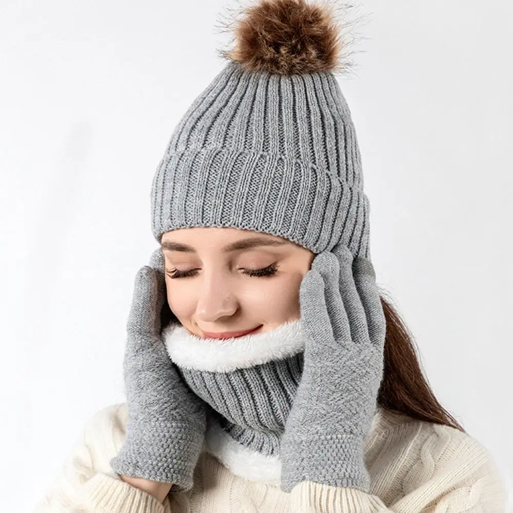 3Pcs/Set Gift Warm Women Hats Scarf Gloves Set Ear Protection Soft Knitted Hat Windproof Plush Winter Warm Mitten Outdoor