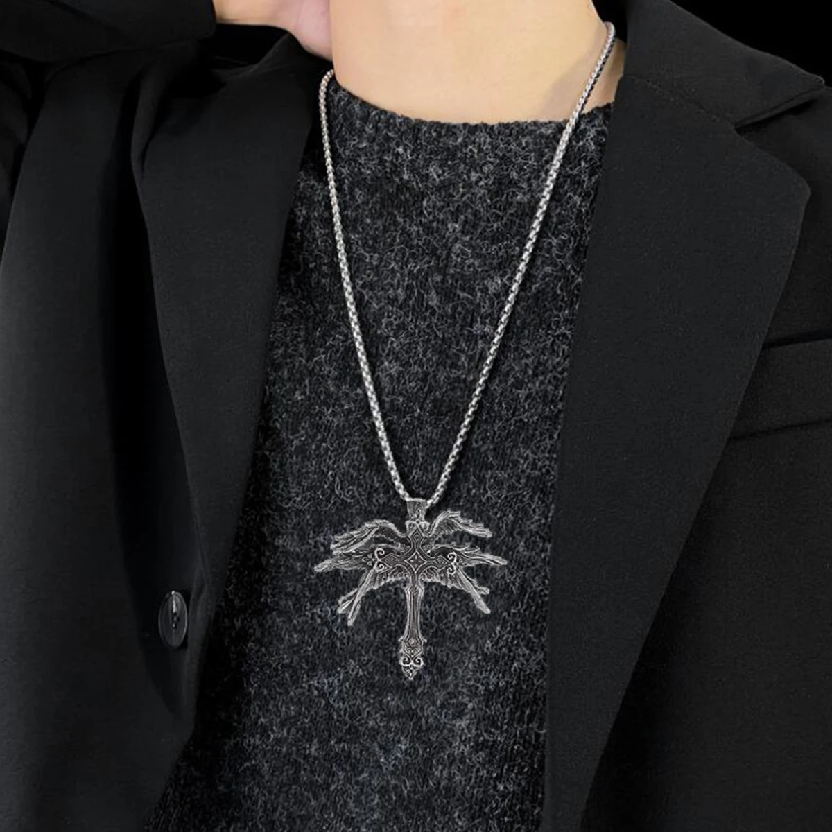 Gothic Necklace Chain Retro Saint Angel Six Winged Cross Pendant Necklace Men's Punk Amulet Jewelry Gift