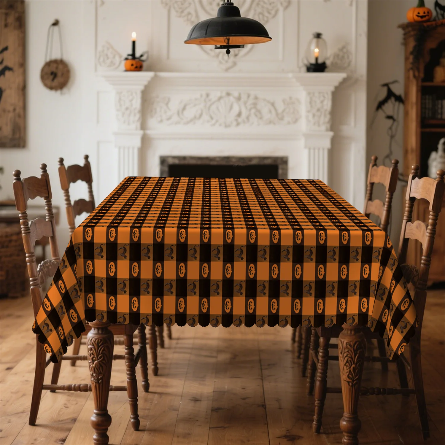 Halloween black cat jack-lantern plaid tablecloth for rectangular and round dining tables