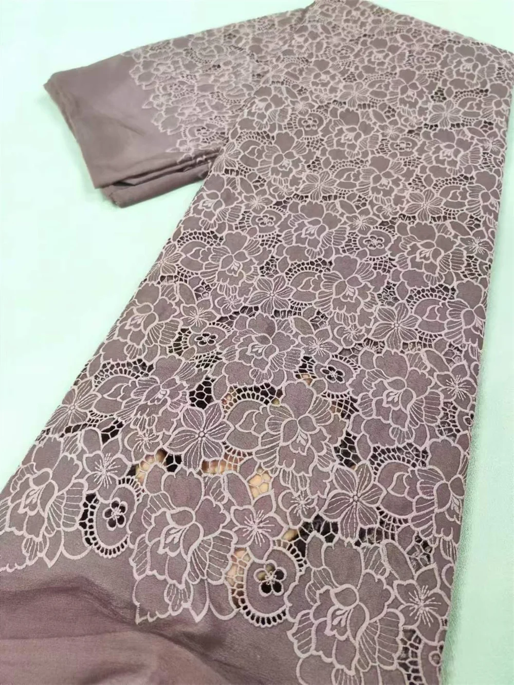 Nigerian Lace Fabric 2024 High Quality 5Yard Chiffon Lace Fabric Brown African Cotton Lace Fabric For Luxury Wedding DressW212-1