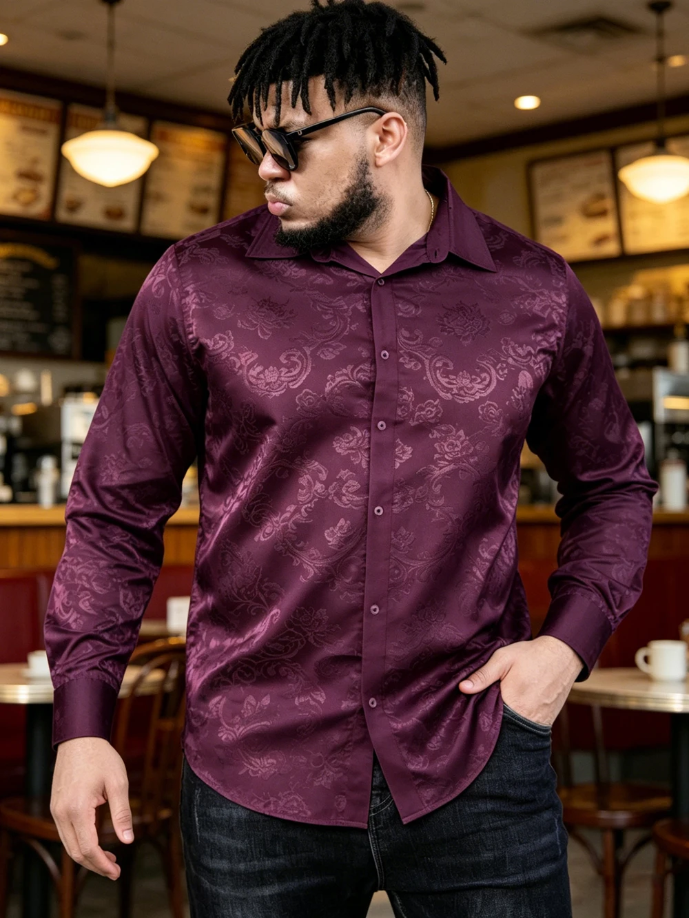 Men's Summer Long Sleeve Lapel Shirt Gold Art Pattern Printed Shirt Hawaiian Vacation Casual Party Performance Clothing for Men