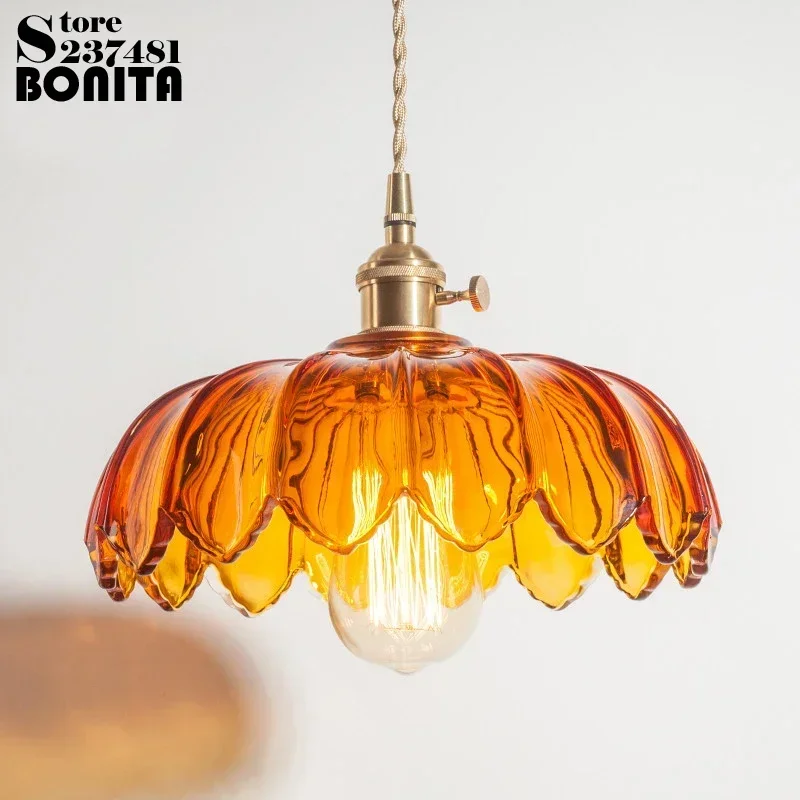 French Retro Flower Glass Ceiling Chandelier with Switch Dinning Room Bedroom Aosle Interior Lighting Fixture Lotus Pendant Lamp