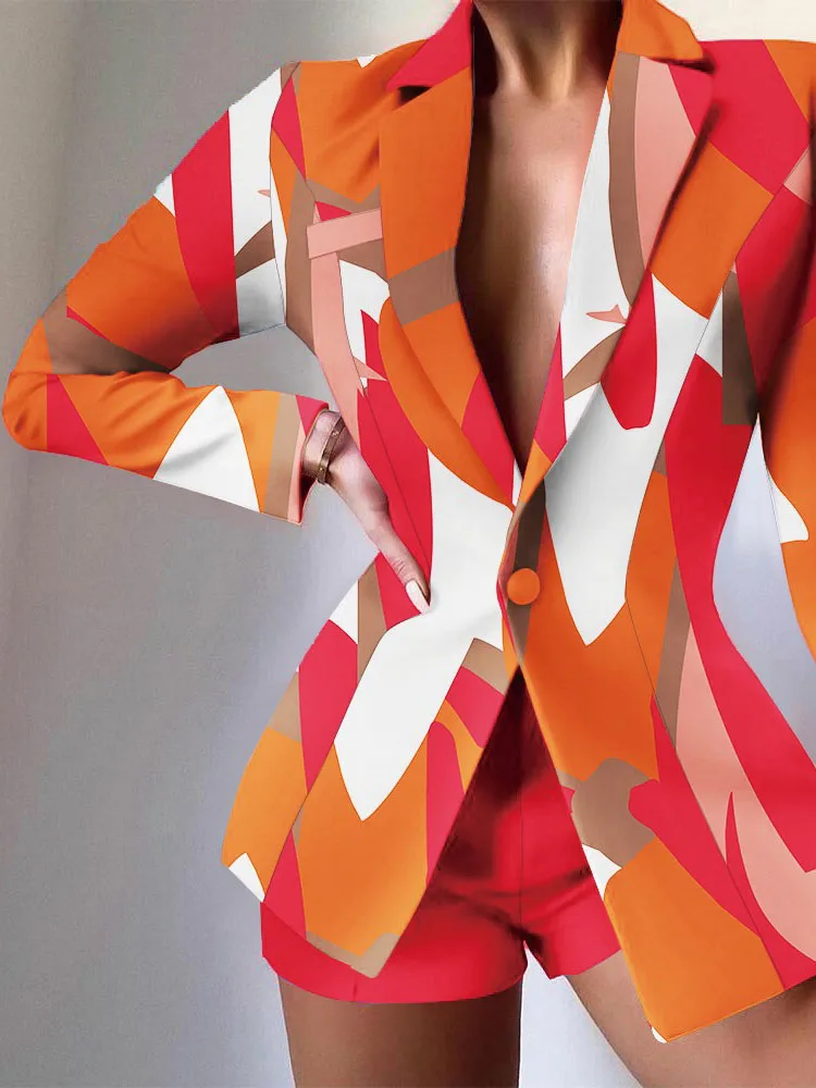 

2022 Elegant Office Lady Formal Suit Women Single Button Tops Print Shorts Outfits Spring Autumn Long Sleeve Slim Two Pieces Set