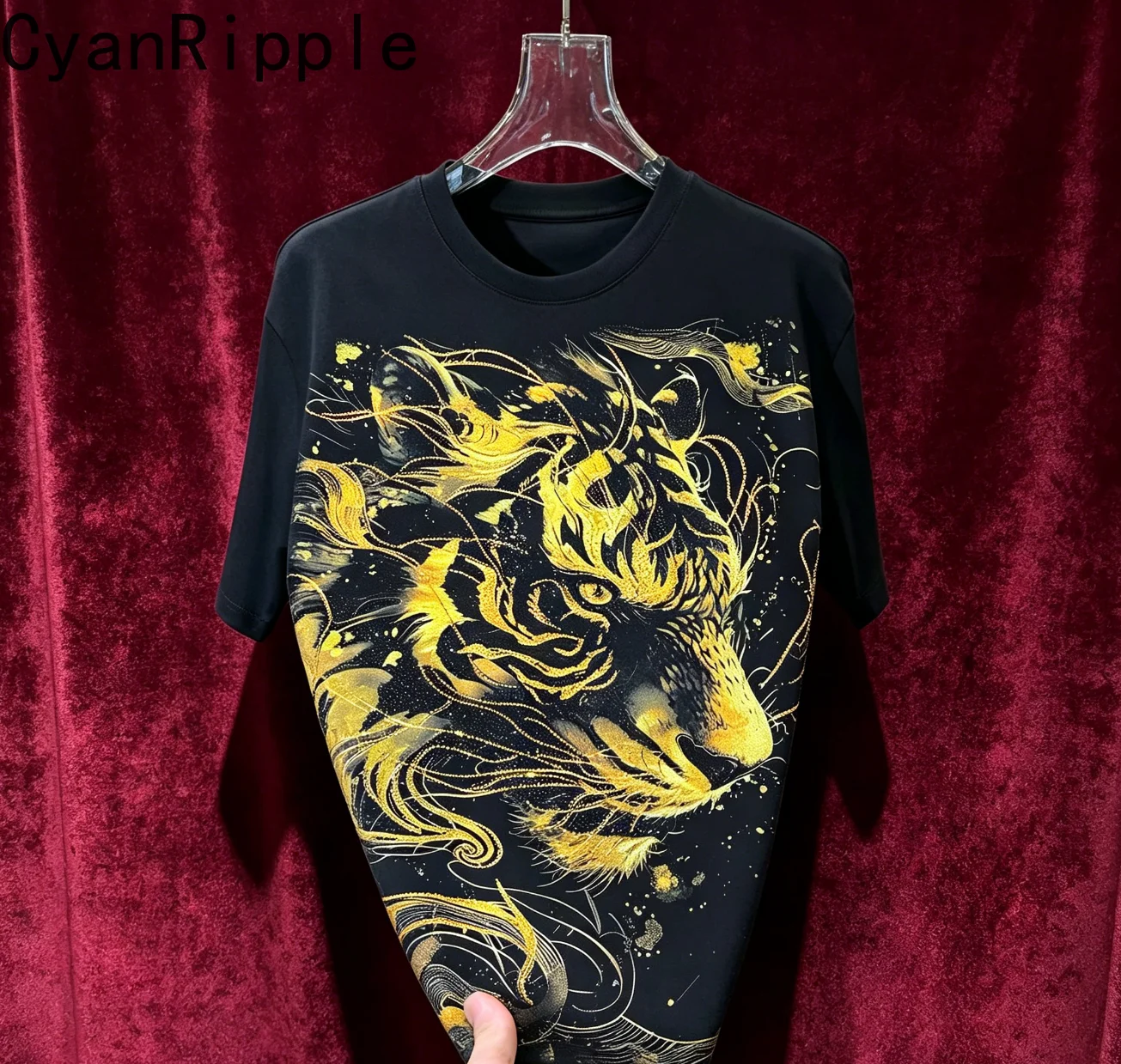 Domineering Tiger Hot Diamonds Men's Summer Short Sleeve T-shirt Large Size All-match Round Neck Streetwear Handsome Casual Tees